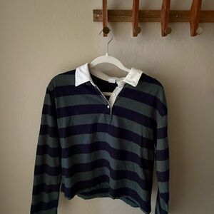 GAP Green and Navy Striped Long Sleeve Polo